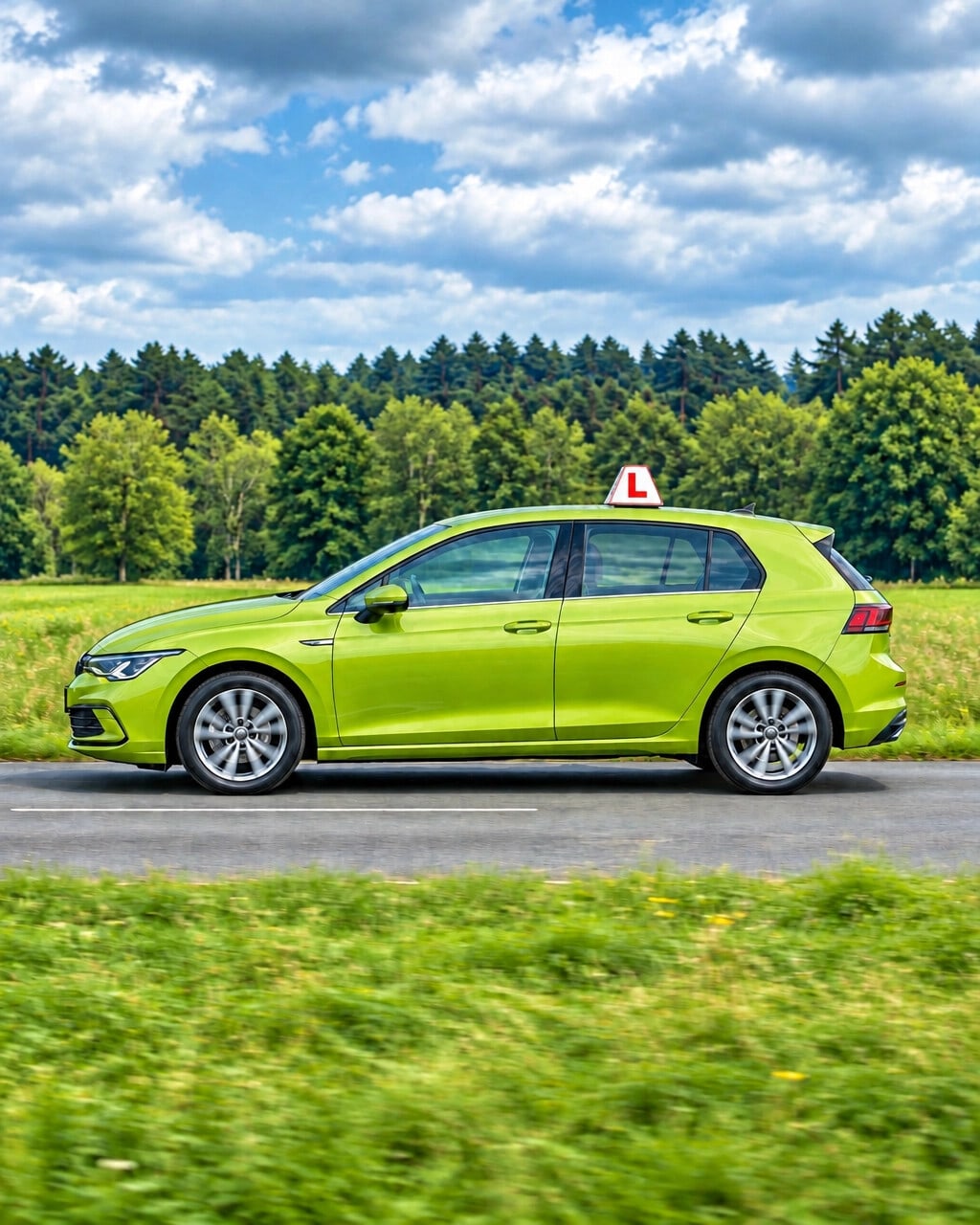 Lime-green learner car with a white L roof sign on a country road